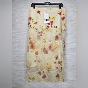 Sz L Zara ZW Collection Sheer Floral Midi Skirt Satin Effect Cream Women’s